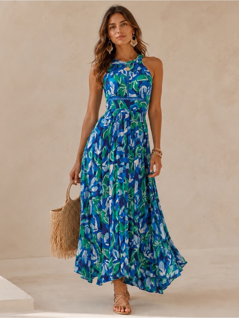 Abel the Label Anthropologie Rumi Maxi Dress Blue/Green Halter Open Back Sz S